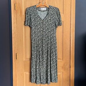 Vintage Caroline Wells Floral Green Gold Button Down Casual Dress Size 14